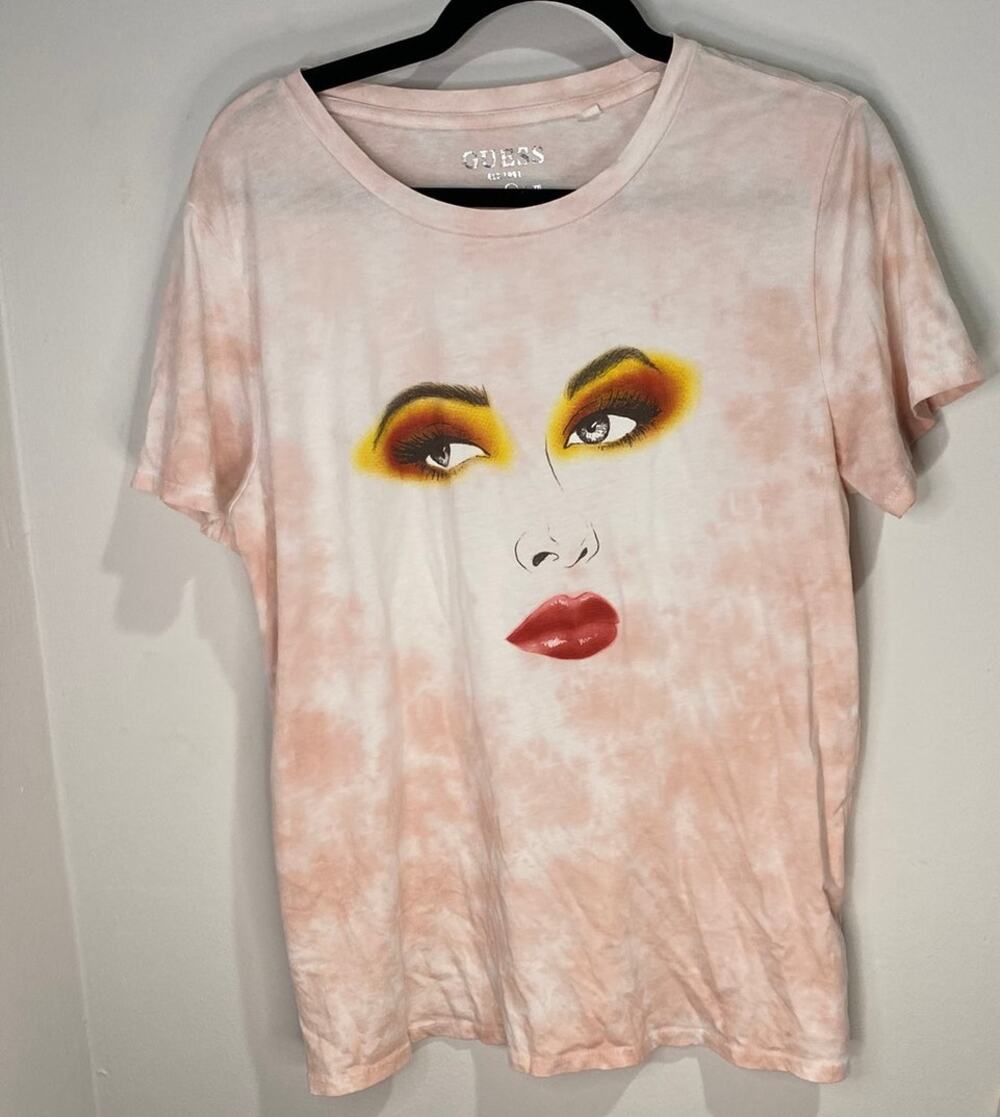 GUESS Graphic Tee Women’s Large Pink Tie Dye Cotton Pop Art Retro Pre-Owned